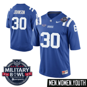 Brandon Johnson No 30 Men’s 2022 Military Bowl Duke Blue Devils Game Football Blue Jersey- Replica